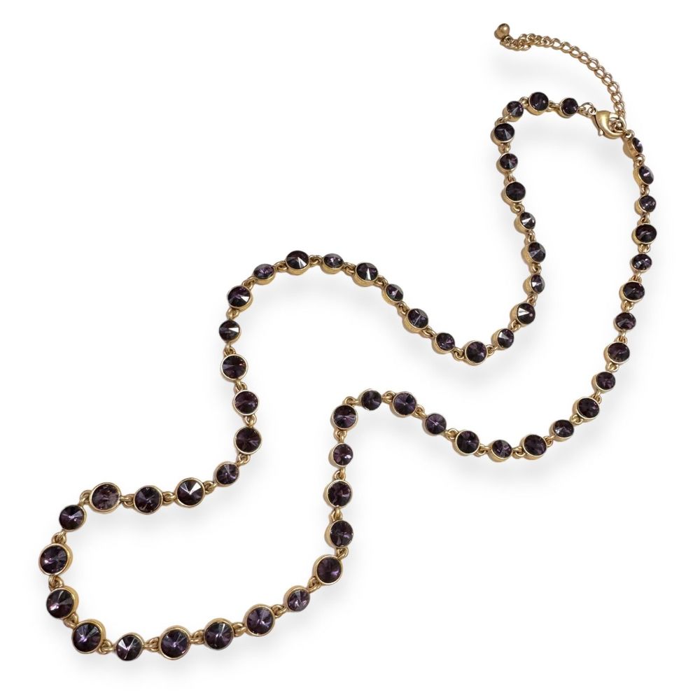 Vintage Amethyst Inlay Long Gold Tone Chain Necklace